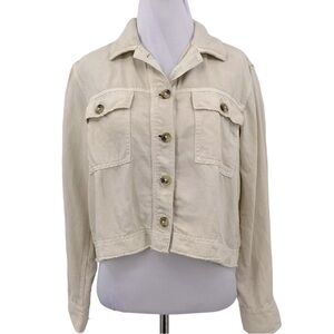 AERIE Cream cropped frayed-hem, linen blend jacket, women’s size small
